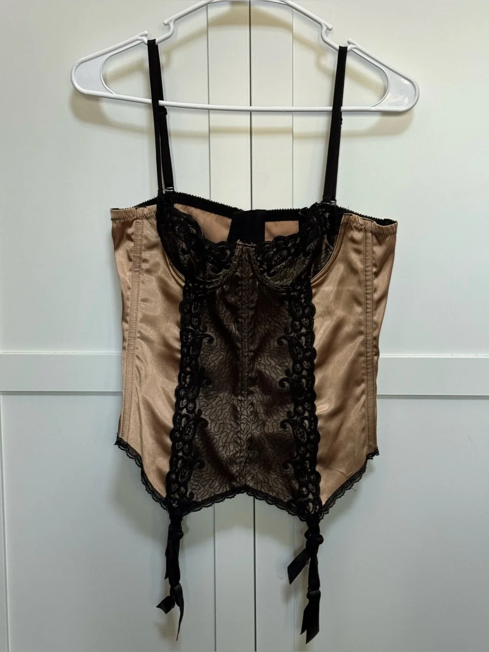 Frederick's of Hollywood Corset Bustier Top Beige Black Lace Women's Size 34